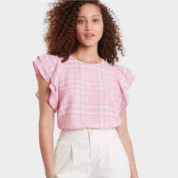 NEW A New Day Linen Blend Plaid Ruffle Sleeve Top‎ XL Pink Sleeveless NWT - Picture 1 of 9